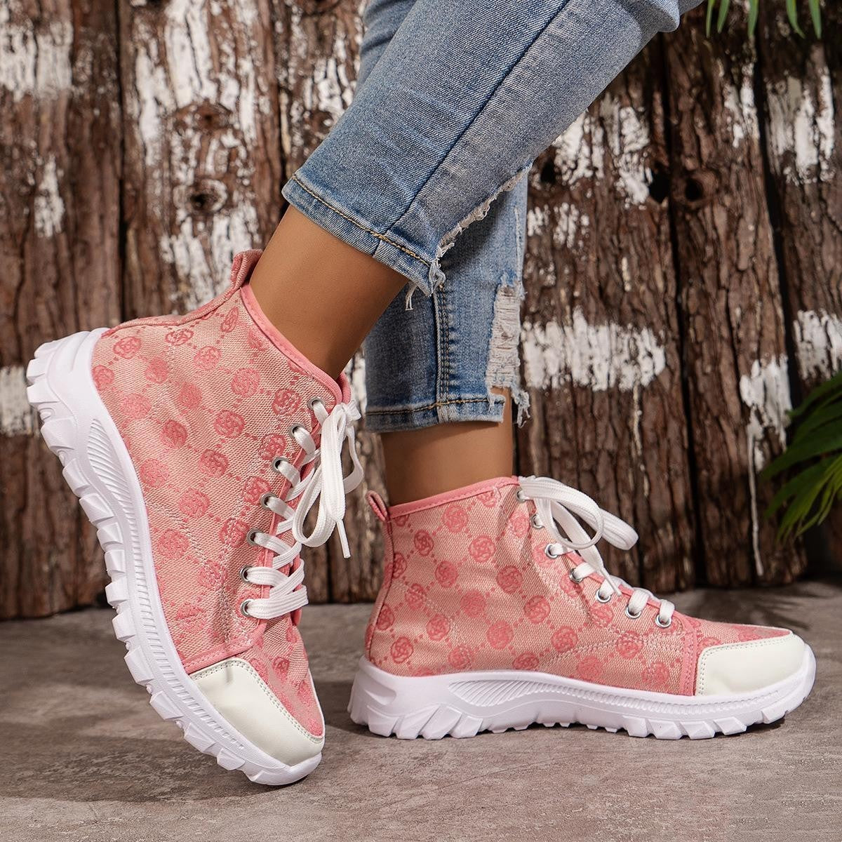 Bottes Femme à Lacets Imprimé Rose