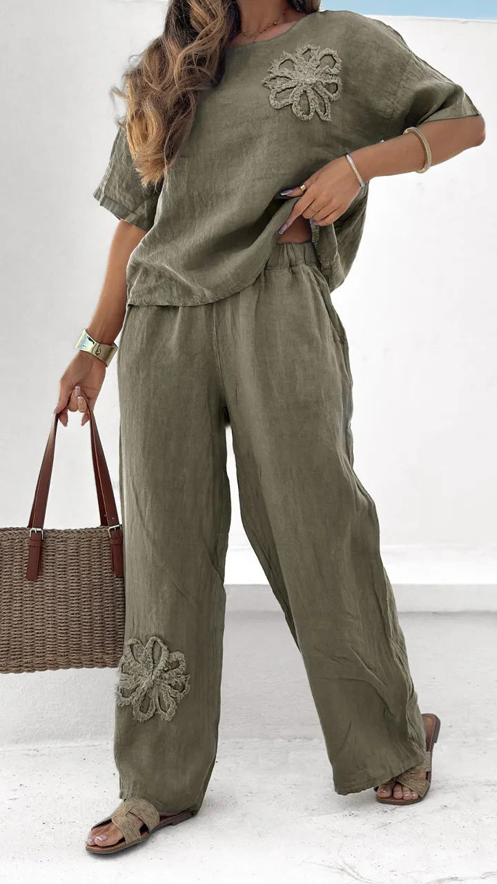 Ensemble Femme Décontracté à Motif Floral – Haut & Pantalon Ample