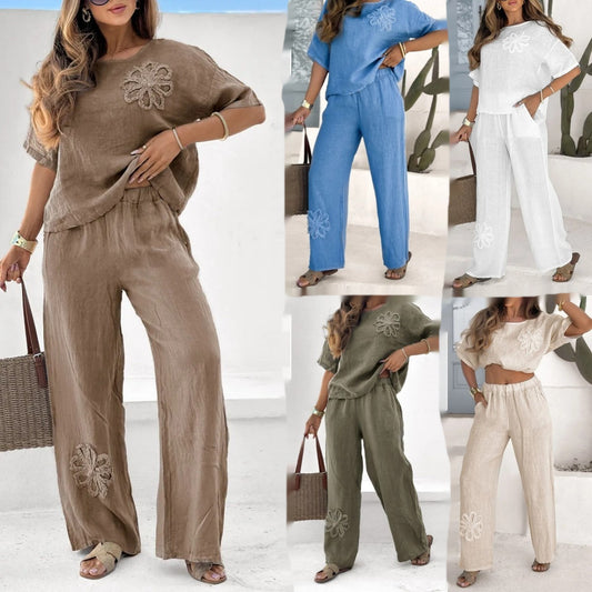 Ensemble Femme Décontracté à Motif Floral – Haut & Pantalon Ample
