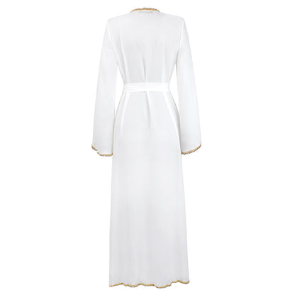 Robe Longue Ouverte Femme Hijab – Abaya Moderne avec Ceinture et Détails Dorés