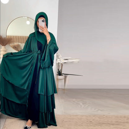 Robe Satinée Modeste Femme Élégante – Abaya Longue à Volants Hijab Inclus