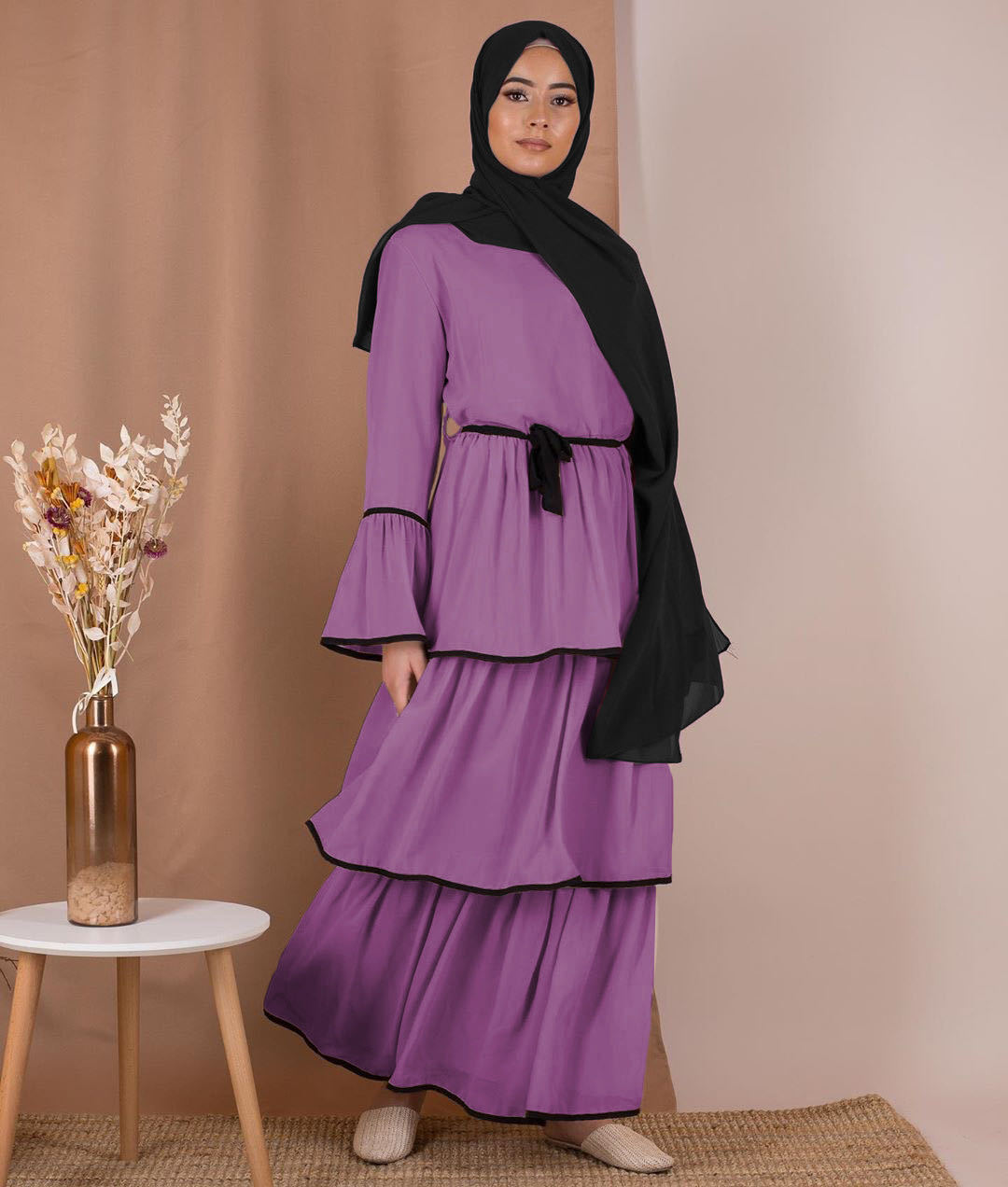 Robe Longue Femme Voilée à Volants Élégants – Style Modeste Chic