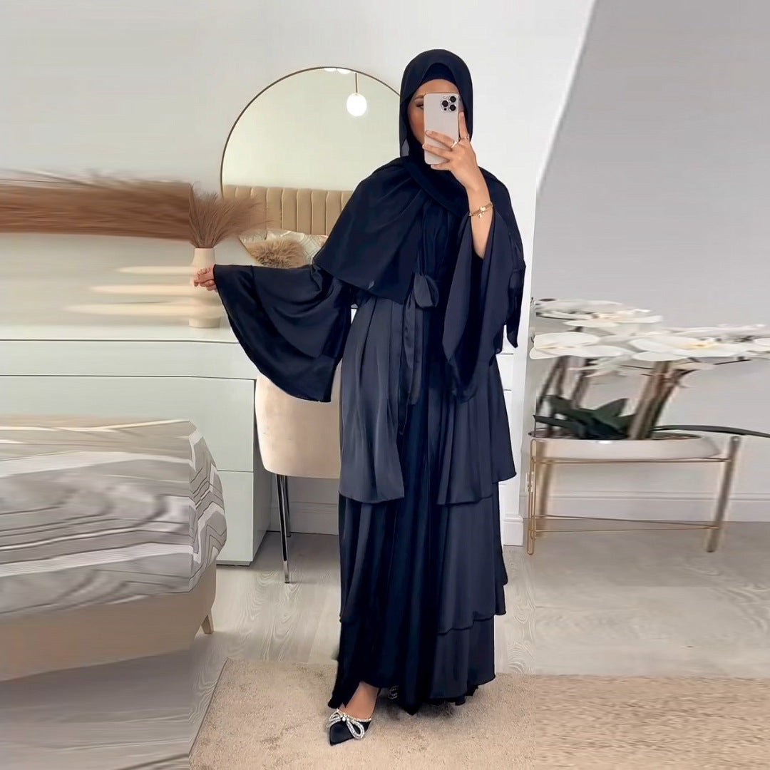 Robe Satinée Modeste Femme Élégante – Abaya Longue à Volants Hijab Inclus