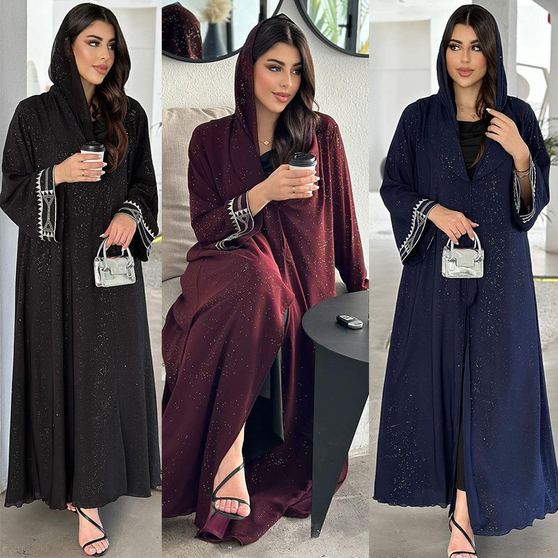 Abaya à Capuche Brillance Subtile – Coupe Longue et Élégante