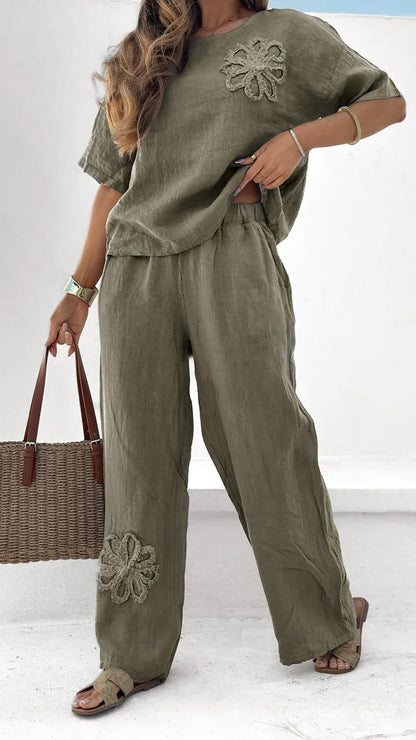 Ensemble Femme Décontracté à Motif Floral – Haut & Pantalon Ample