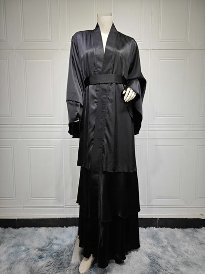 Robe Satinée Modeste Femme Élégante – Abaya Longue à Volants Hijab Inclus
