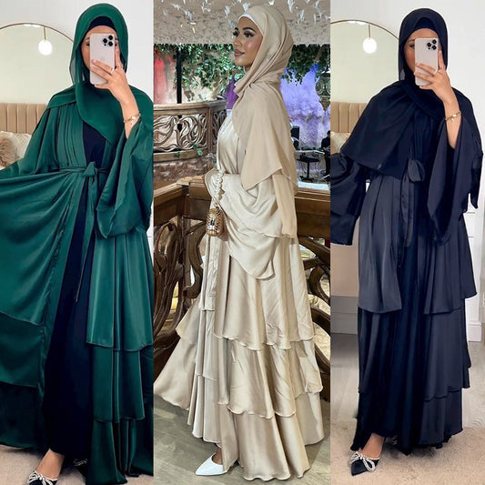 Robe Satinée Modeste Femme Élégante – Abaya Longue à Volants Hijab Inclus