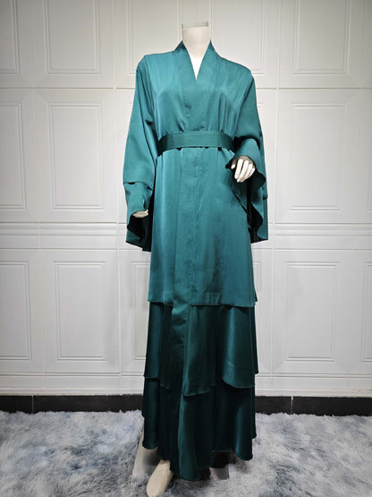 Robe Satinée Modeste Femme Élégante – Abaya Longue à Volants Hijab Inclus