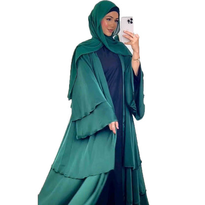 Robe Satinée Modeste Femme Élégante – Abaya Longue à Volants Hijab Inclus