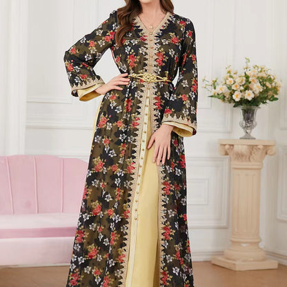 Robe Longue Femme Chic Deux Pièces – Col V et Manches Longues