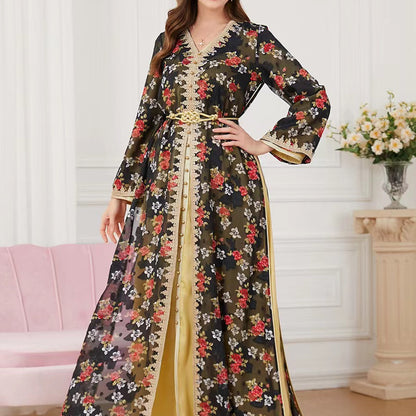 Robe Longue Femme Chic Deux Pièces – Col V et Manches Longues