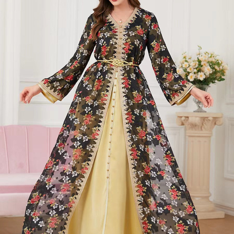 Robe Longue Femme Chic Deux Pièces – Col V et Manches Longues