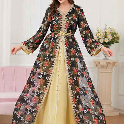 Robe Longue Femme Chic Deux Pièces – Col V et Manches Longues