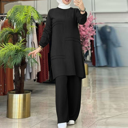 Ensemble Deux Pièces Femme – Tunique Longue et Pantalon Fluide Élégant