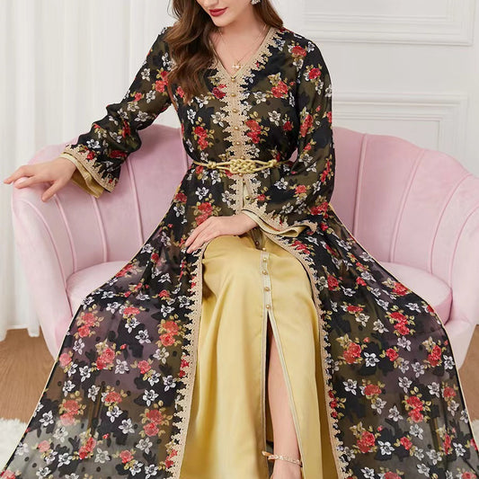 Robe Longue Femme Chic Deux Pièces – Col V et Manches Longues